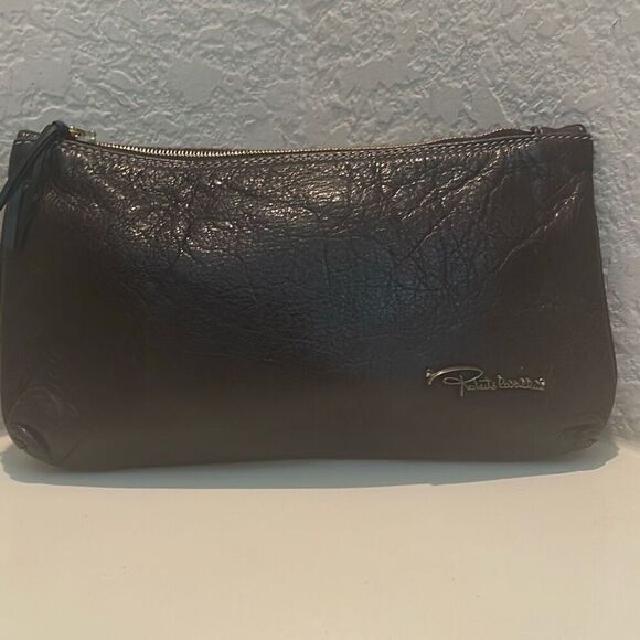 Roberto Cavalli Zip Top Pouch Bag Brown Leather Small Minimalist - Picture 14 of 14